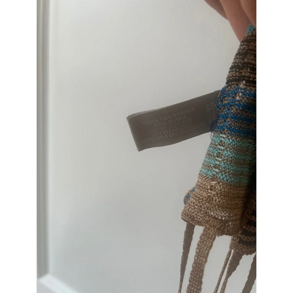Echo Scarf Womens Brown Blue Striped Open Knit Beaded Fringe Rayon Wrap 74x10